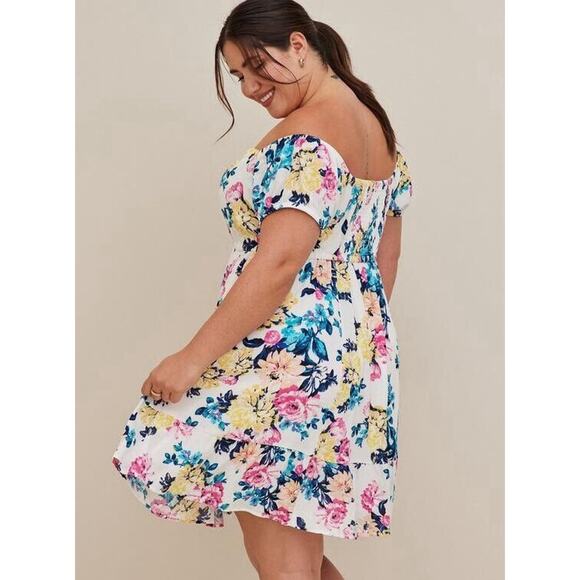 Torrid Colorful Floral Mini Gauze Puff Sleeve Skater Dress Plus Size 2X Boho - Picture 3 of 11